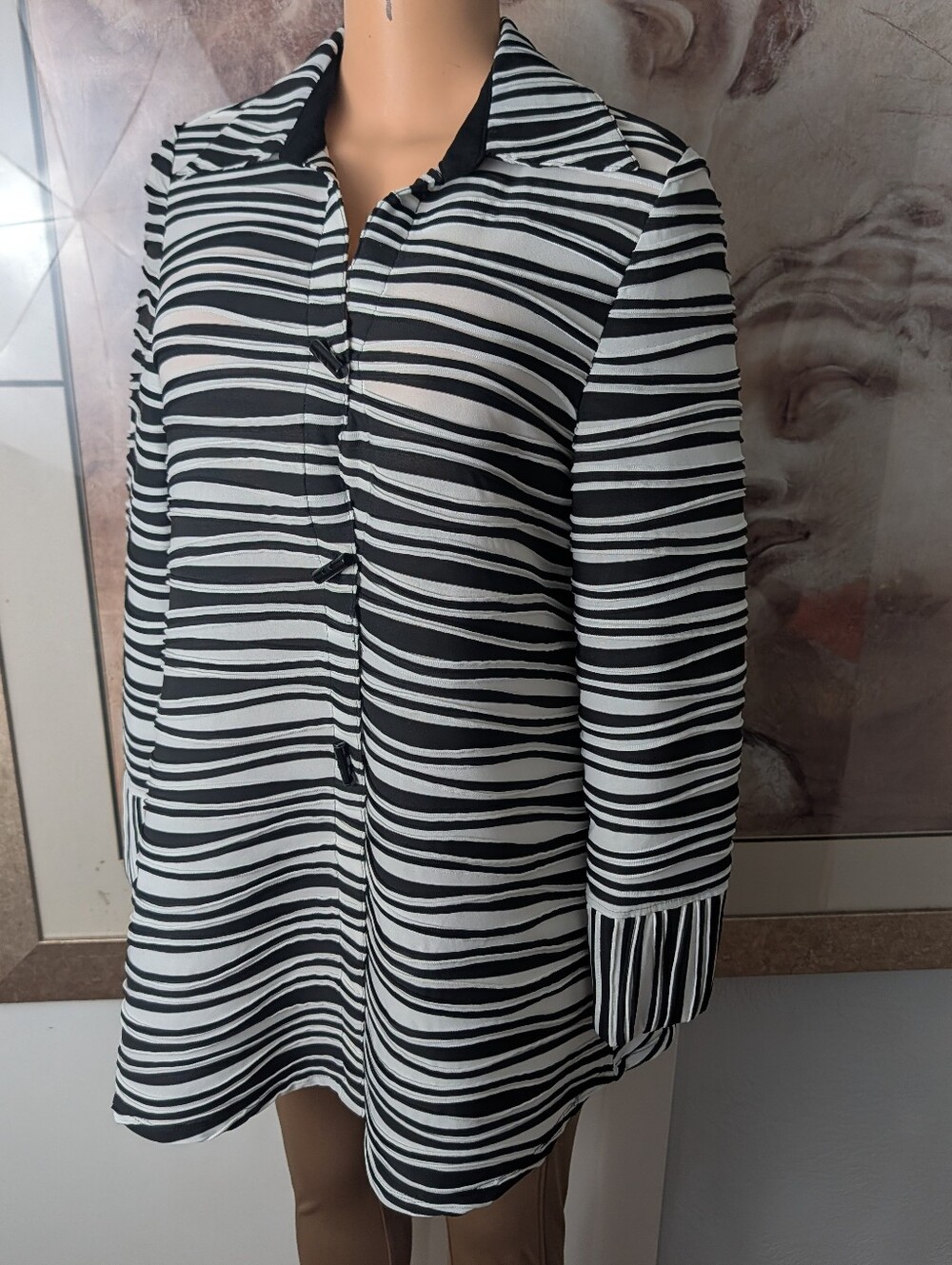 IC by Connie K Black White Zebra Wave Stripe Lagenlook Tunic Blouse Size S